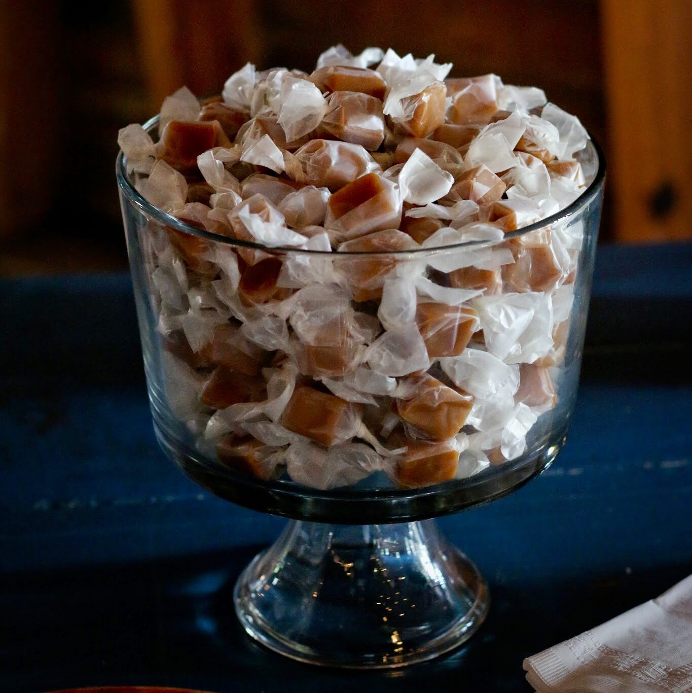 A large bowl of caramel candies